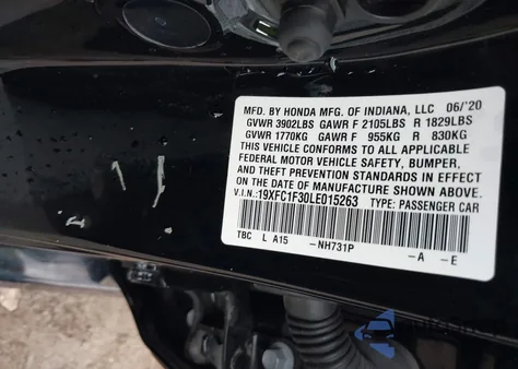 2020 Honda Civic Ex from USA, damaged, VIN 19XFC1F30LE015263